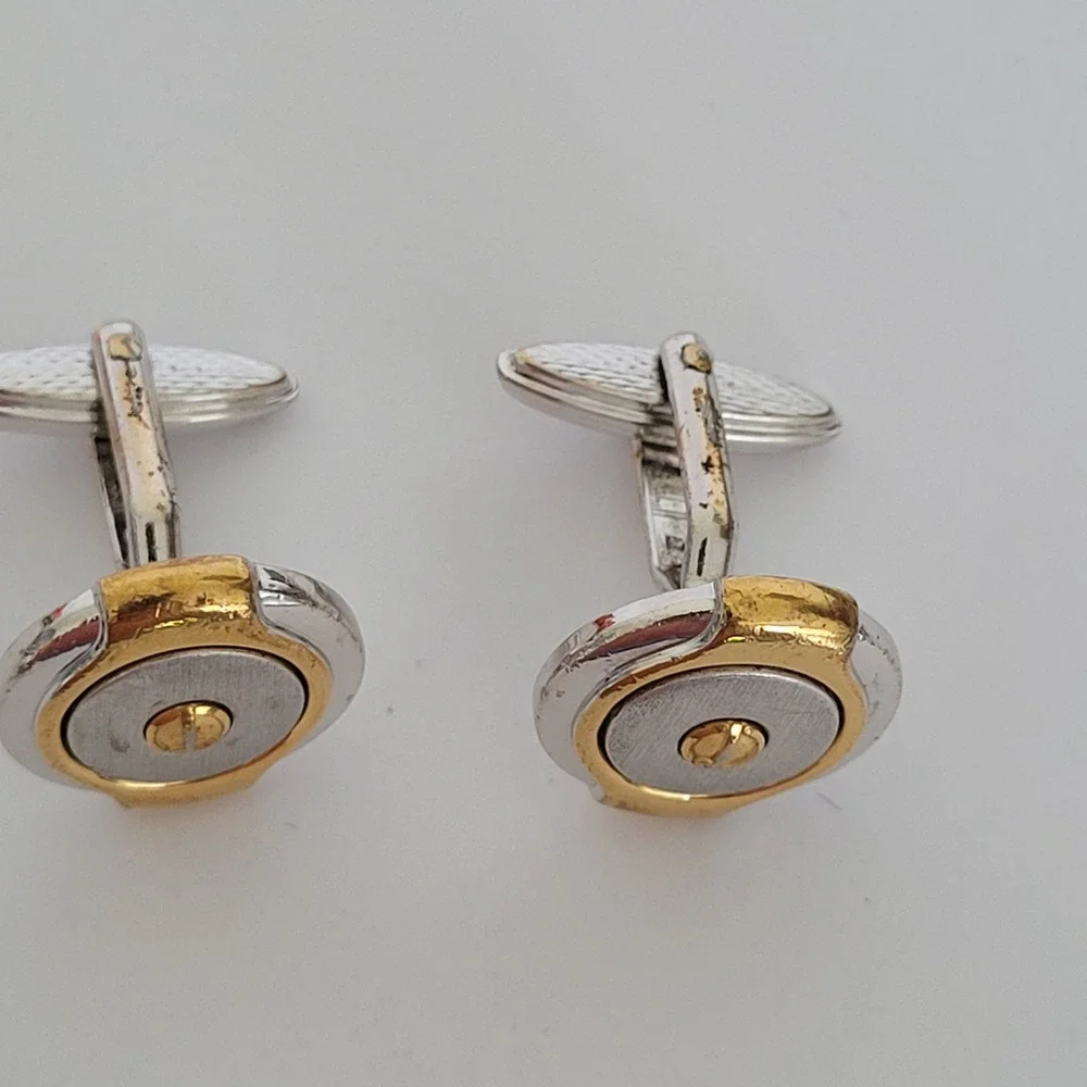 Dunhill AD Logo Two Tone Round Cufflinks Silver Gold Industrial Screw Design